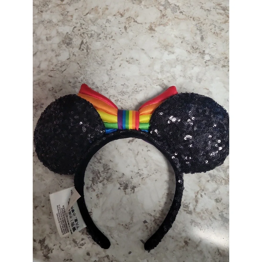 Disney Parks Pride Collection Rainbow Bow Black Sequin Minnie Mouse Ears